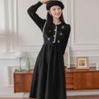 Long-sleeve Floral Print Knit Panel A-line Dress