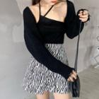 Halter-neck Camisole Top / Cropped Knit Cardigan / Zebra Print Mini Skirt