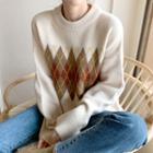 Drop-shoulder Argyle Sweater Light Beige - One Size