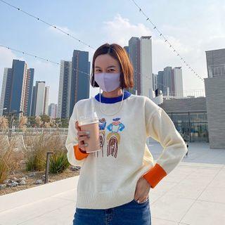 Cowboy Embroidery Ringer Sweater Ivory - One Size