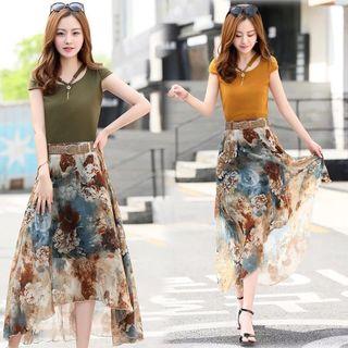 Set Of 2: Short Sleeve Top + Midi Printed Skirt