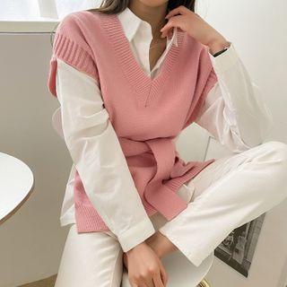 Set: Tie-waist Knit Vest + Pocket-patch Plain Shirt