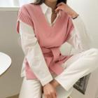 Set: Tie-waist Knit Vest + Pocket-patch Plain Shirt