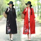 Flower Embroidered Frog-button Long Jacket