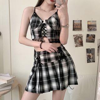 Set: Plaid Lace-up Camisole Top + A-line Skirt