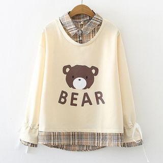 Mock Two-piece Long-sleeve Plaid Panel Printed Sweatshirt Khaki - One Size