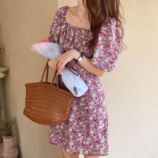 Floral Print Puff-sleeve Mini A-line Dress Purple - One Size