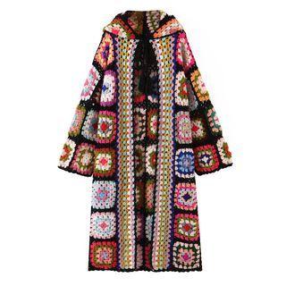 Color Block Hooded Midi Cardigan Black - One Size