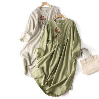 Long-sleeve Flower Embroidered Lace Trim Shift Dress