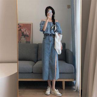 Puff-sleeve Off-shoulder Blouse / Slit Denim Midi Pencil Skirt