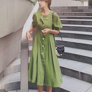 Button Elbow-sleeve Midi A-line Dress
