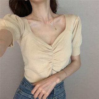 Sweetheart Neckline Puff-sleeve Knit Top