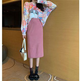 Printed Long-sleeve Knit Top /plain Midi Skirt