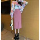 Printed Long-sleeve Knit Top /plain Midi Skirt