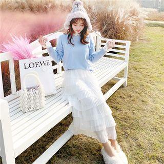 Set: Lace Trim Embroidered Sweater + Tiered Maxi Chiffon Skirt
