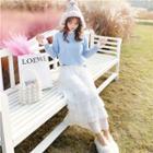 Set: Lace Trim Embroidered Sweater + Tiered Maxi Chiffon Skirt