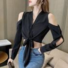 Long-sleeve Cold Shoulder Tie-front Blouse