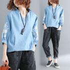 Embroidered 3/4-sleeve Denim Blouse Light Blue - One Size