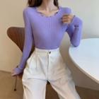 Long Sleeve Frilled Plain Knit Top