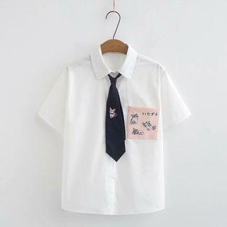 Short-sleeve Cat Embroidery Shirt White - One Size