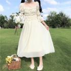 Bell-sleeve Square-neck Midi A-line Dress White - One Size