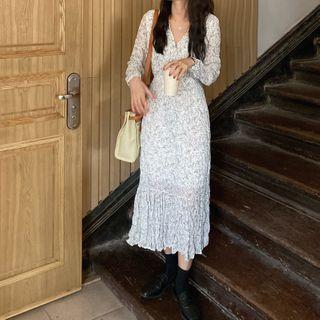 Fleece Button Jacket / Floral Print Midi A-line Dress
