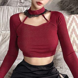 Long-sleeve Mock-neck Lace Trim Crop Top