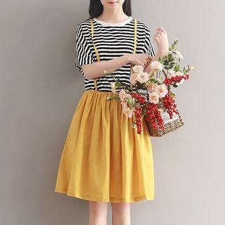 Short Sleeve Striped Panel Mock Two Piece Dress