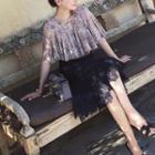 Printed Cape Blouse / Lace Skirt