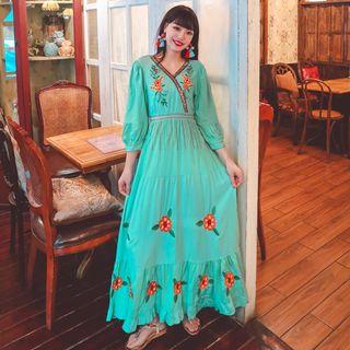 V-neck Sequined Embroidered Maxi A-line Dress