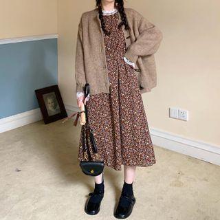 Floral Long-sleeve Midi A-line Dress Coffee - One Size
