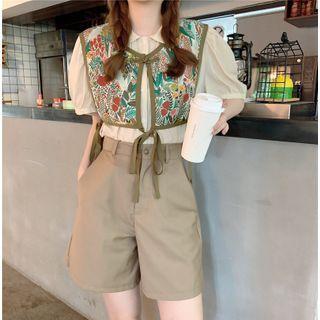 Plain Short-sleeve Blouse / Print Vest / Plain High-waist Shorts