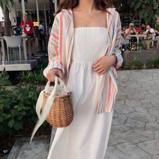 Striped Shirt / Spaghetti Strap Midi Dress