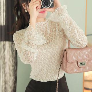 Mock-neck Lettuce-edge Lace Top