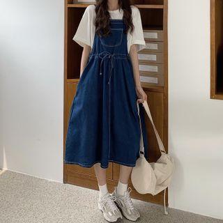 Round-neck Short-sleeve Top / Pocket-detail Denim Jumper Skirt