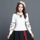 Floral Embroidered Furry Collar Long-sleeve Top