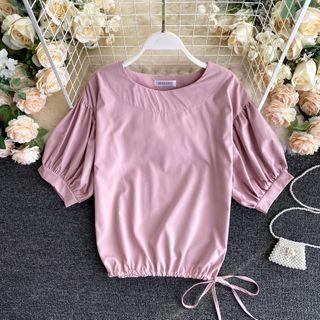 Plain Round-neck Drawstring Puff-sleeve Top