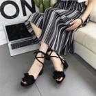 Frill Trim Lace Up Chunky Heel Sandals