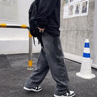 Mid Rise Washed Lettering Wide Leg Jeans