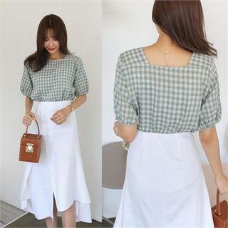 Square-neck Puff-sleeve Gingham Top