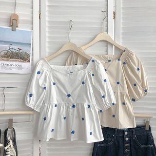 Square-neck Embroidered Flower Short-sleeve Top