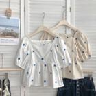 Square-neck Embroidered Flower Short-sleeve Top