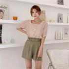 Square-neck Plain Blouse Beige - One Size