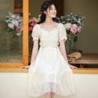 Short-sleeve Beaded Lace A-line Dress