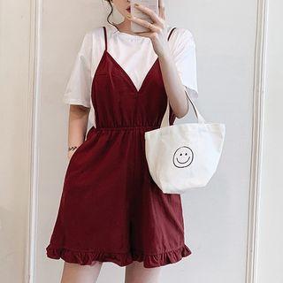 Set: Elbow-sleeve T-shirt + Spaghetti Strap Frill Trim Wide-leg Jumper Shorts