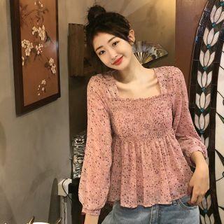 Square Neck Floral Puff-sleeve Blouse