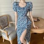Floral Short-sleeve Slit Midi A-line Dress Blue - One Size