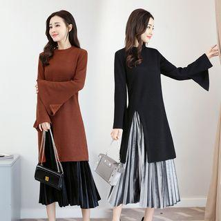 Set: Plain Long Sleeve Side Slit Dress + Pleated Midi Skirt