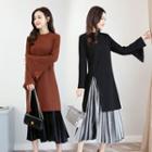 Set: Plain Long Sleeve Side Slit Dress + Pleated Midi Skirt