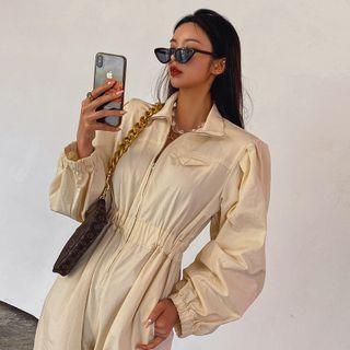 Puff-sleeve Zip-front Band-waist Jumpsuit